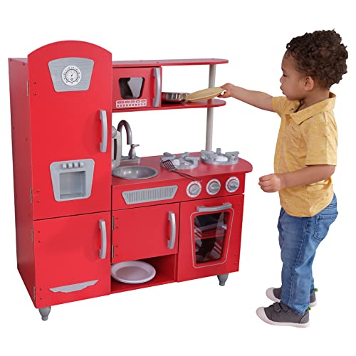 KidKraft Vintage Rot Kinderküche aus Holz mit Spieltelefon, Spielküche mit Retro Kühlschrank, Spielzeug für Kinder ab 3 Jahre, 53173