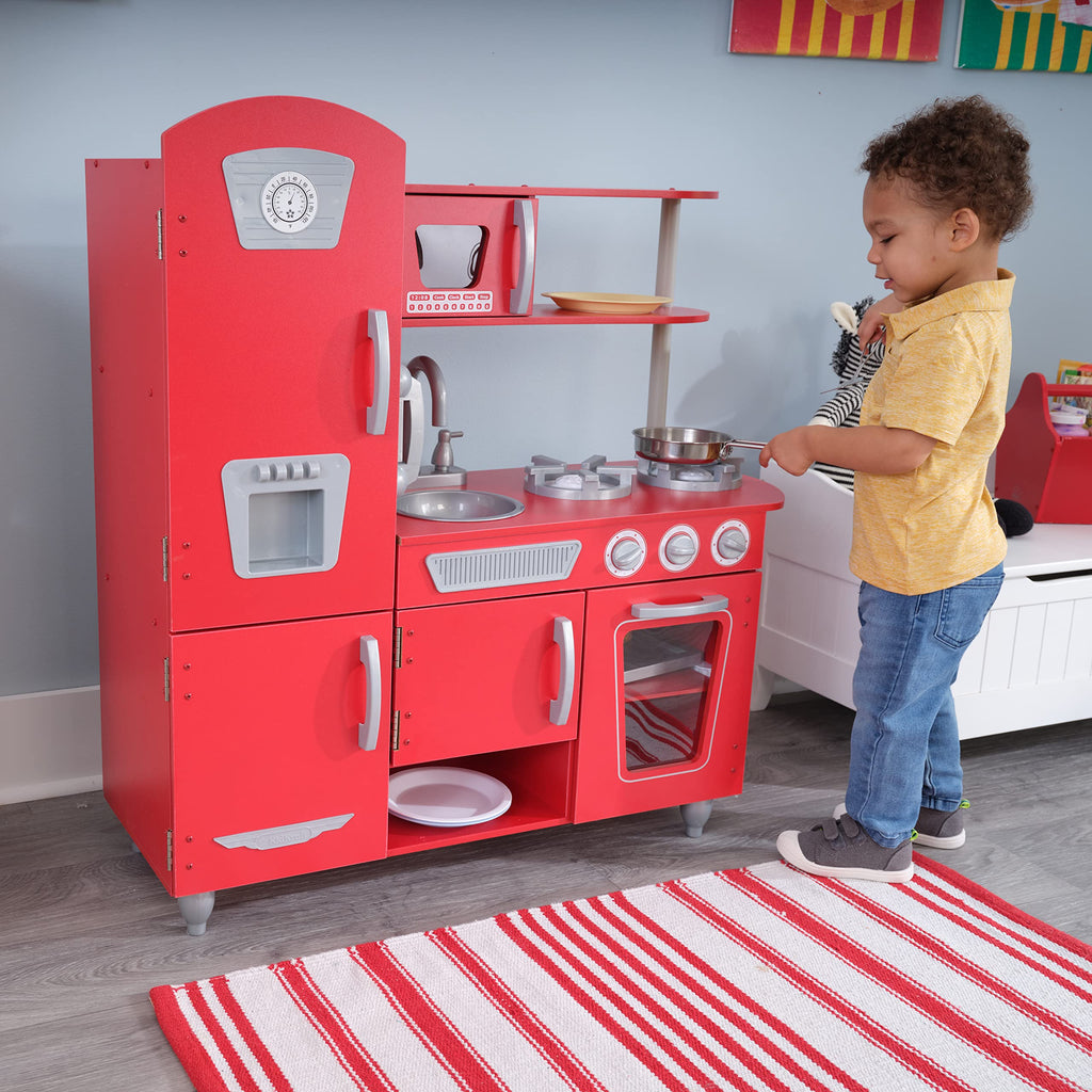 KidKraft Vintage Rot Kinderküche aus Holz mit Spieltelefon, Spielküche mit Retro Kühlschrank, Spielzeug für Kinder ab 3 Jahre, 53173