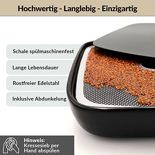 Otaro Kresse Anzuchtschalen inkl. Kressesamen aus Deutschland | Direkt Loslegen | Sprossen Anzuchtset | Edles Kressesieb | Keimschalen für Sprossen | (Schwarz - Premium Keramikset)