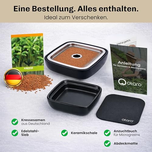 Otaro Kresse Anzuchtschalen inkl. Kressesamen aus Deutschland | Direkt Loslegen | Sprossen Anzuchtset | Edles Kressesieb | Keimschalen für Sprossen | (Schwarz - Premium Keramikset)
