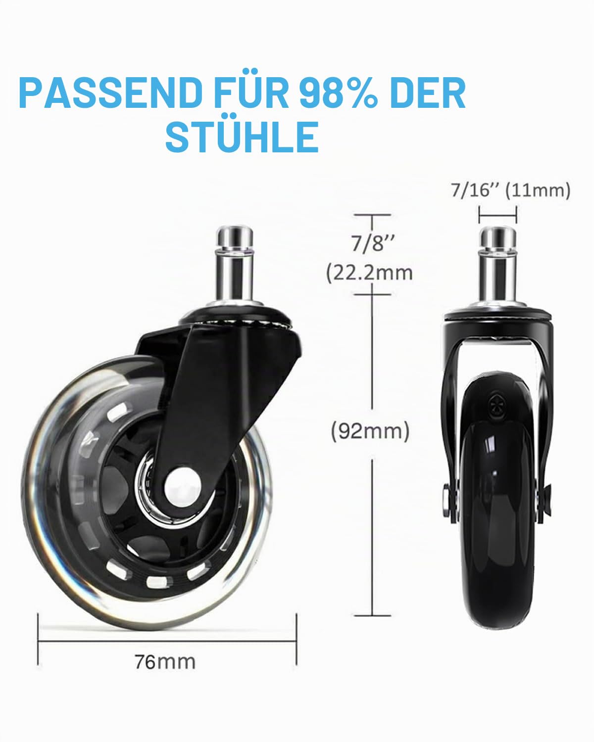 Rollen für Bürostuhl, 7,6 cm, strapazierfähig, weiches Polyurethan-Gummi, sicher für Hartholz, Teppich, Fliesenböden, 5 Stück, allgemein anwendbar für Büroräder, ersetzt Stuhlmatten, universelle