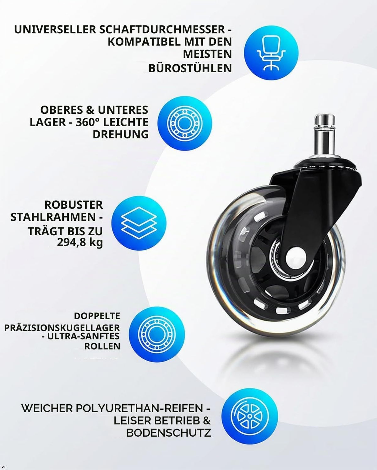 Rollen für Bürostuhl, 7,6 cm, strapazierfähig, weiches Polyurethan-Gummi, sicher für Hartholz, Teppich, Fliesenböden, 5 Stück, allgemein anwendbar für Büroräder, ersetzt Stuhlmatten, universelle