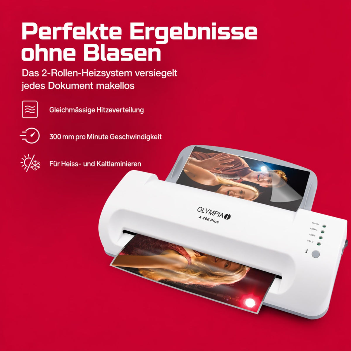 Olympia A 296 Plus Laminiermaschine Backloader (80-175 Micron, Bis DIN A4, Visitenkarten, Laminierer mit Folien, Laminiergerät Set für Büro, Laminator zum Heiß- und Kaltlaminieren)