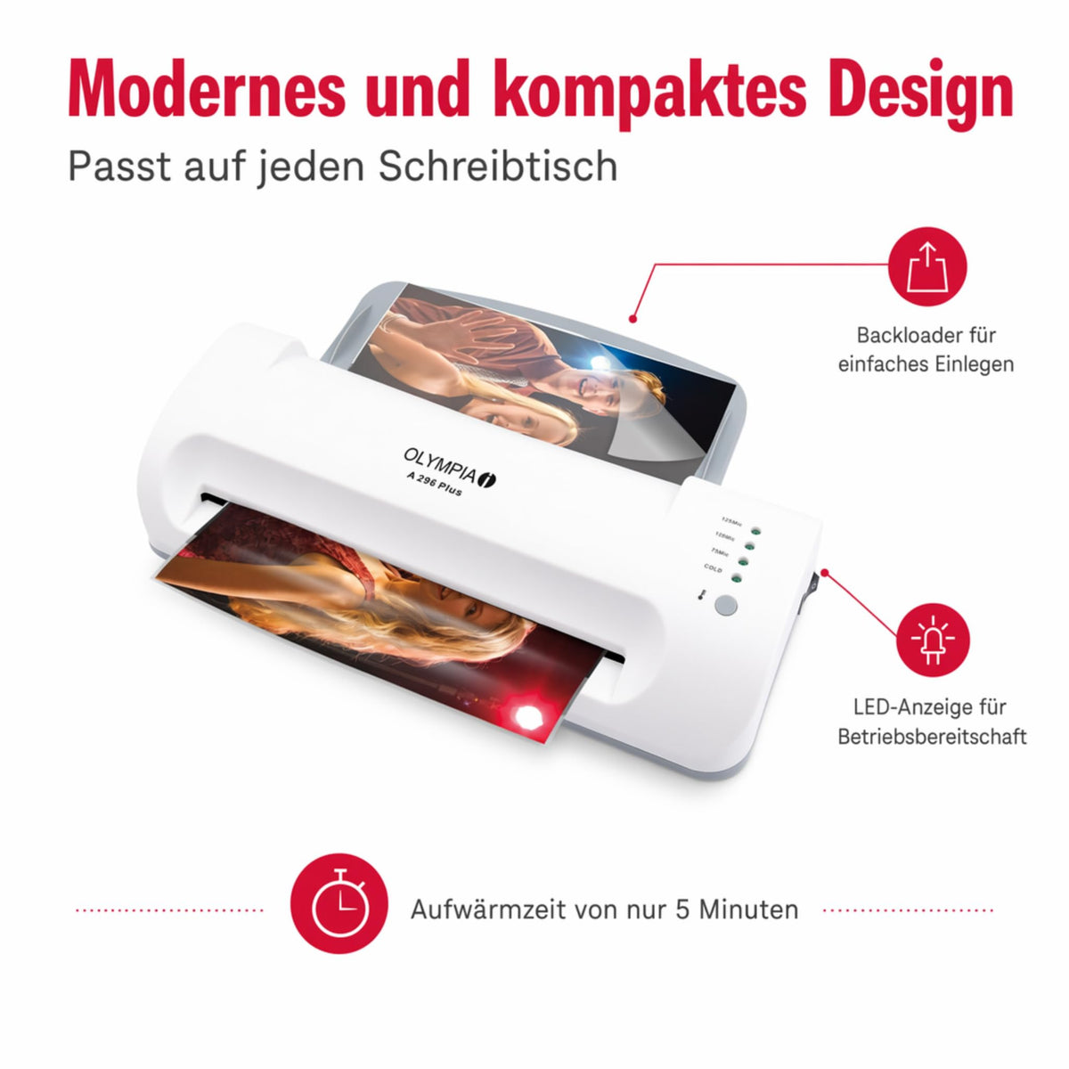 Olympia A 296 Plus Laminiermaschine Backloader (80-175 Micron, Bis DIN A4, Visitenkarten, Laminierer mit Folien, Laminiergerät Set für Büro, Laminator zum Heiß- und Kaltlaminieren)