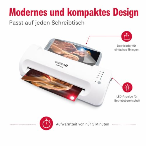 Olympia A 296 Plus Laminiermaschine Backloader (80-175 Micron, Bis DIN A4, Visitenkarten, Laminierer mit Folien, Laminiergerät Set für Büro, Laminator zum Heiß- und Kaltlaminieren)
