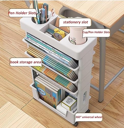 Bewegliches Klassenzimmer-Bücherregal am Schreibtisch, 5-stufiger Rollwagen mit Rädern, Schreibtisch-Organizer, Bücher- und Zeitschriftenständer, schlanker Aufbewahrungswagen for die Bibliothek zu Hau