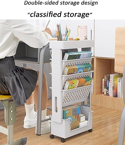 Bewegliches Klassenzimmer-Bücherregal am Schreibtisch, 5-stufiger Rollwagen mit Rädern, Schreibtisch-Organizer, Bücher- und Zeitschriftenständer, schlanker Aufbewahrungswagen for die Bibliothek zu Hau