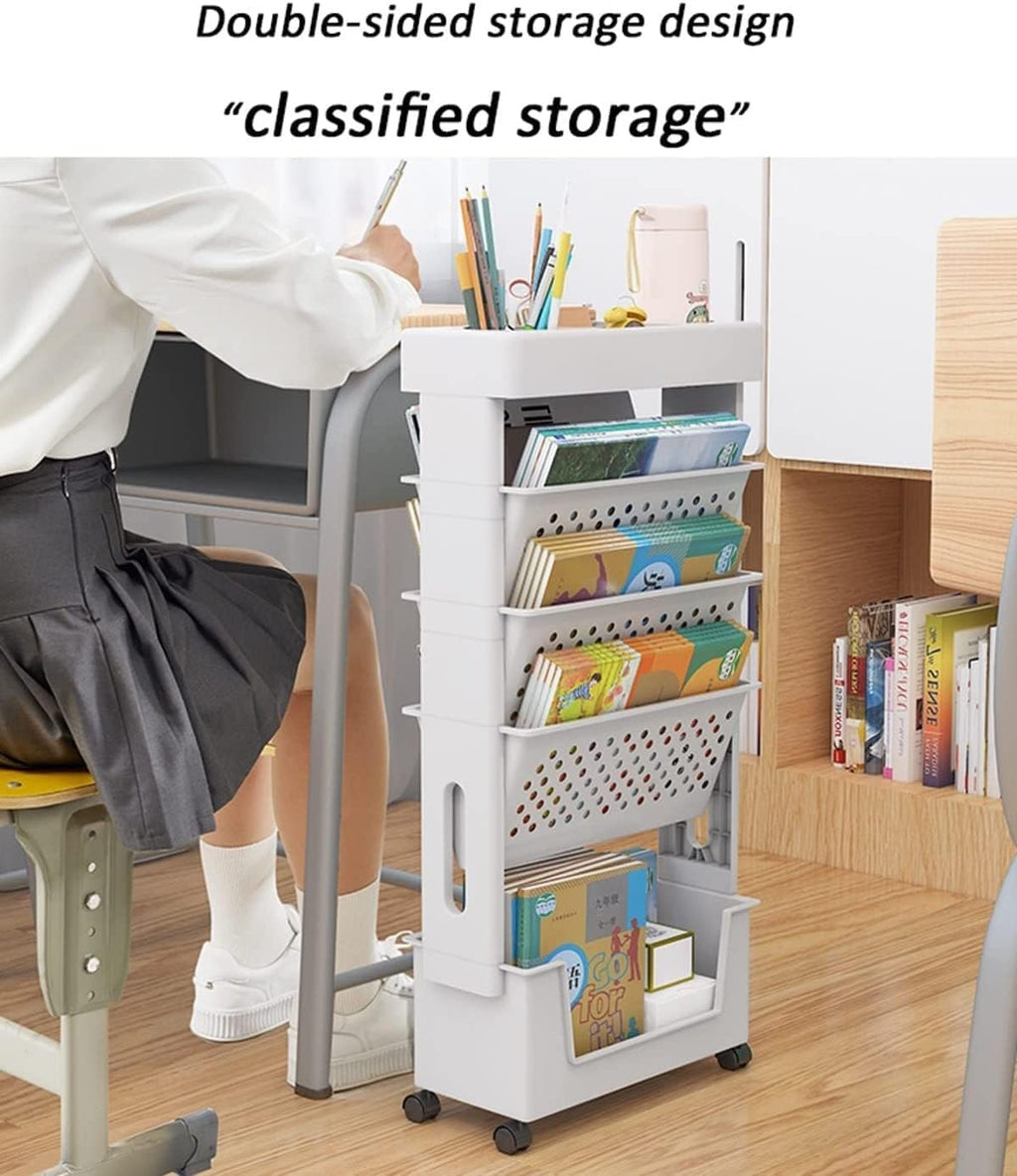 Bewegliches Klassenzimmer-Bücherregal am Schreibtisch, 5-stufiger Rollwagen mit Rädern, Schreibtisch-Organizer, Bücher- und Zeitschriftenständer, schlanker Aufbewahrungswagen for die Bibliothek zu Hau