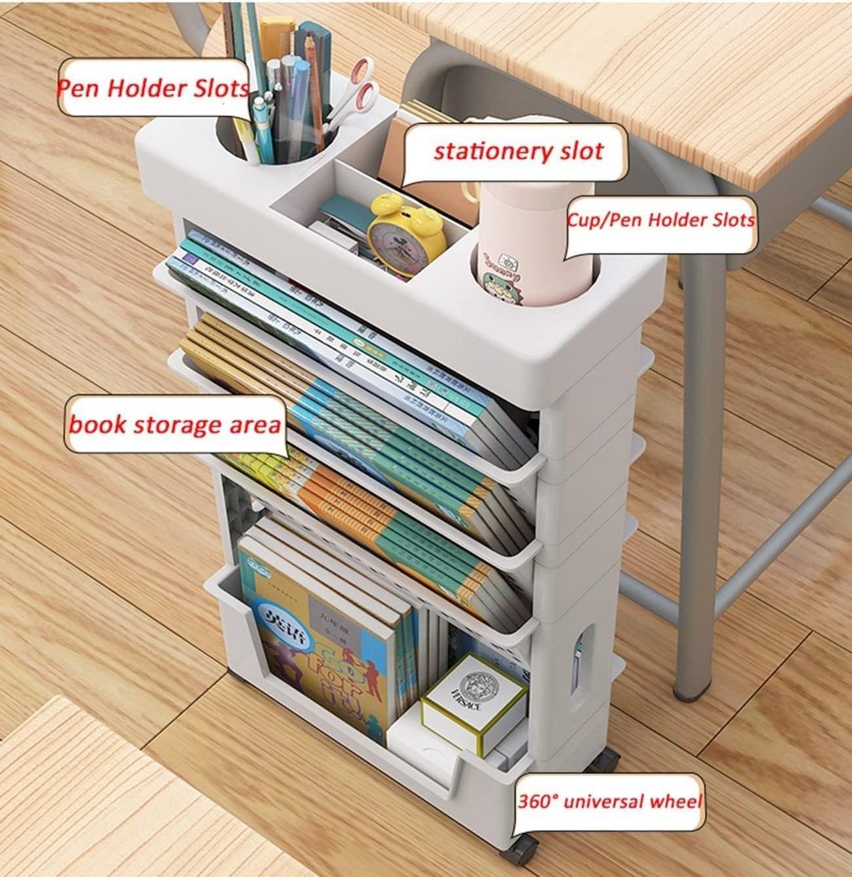 Bewegliches Klassenzimmer-Bücherregal am Schreibtisch, 5-stufiger Rollwagen mit Rädern, Schreibtisch-Organizer, Bücher- und Zeitschriftenständer, schlanker Aufbewahrungswagen for die Bibliothek zu Hau