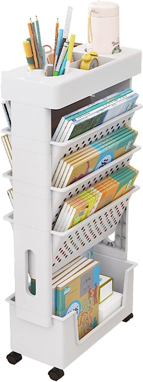Bewegliches Klassenzimmer-Bücherregal am Schreibtisch, 5-stufiger Rollwagen mit Rädern, Schreibtisch-Organizer, Bücher- und Zeitschriftenständer, schlanker Aufbewahrungswagen for die Bibliothek zu Hau