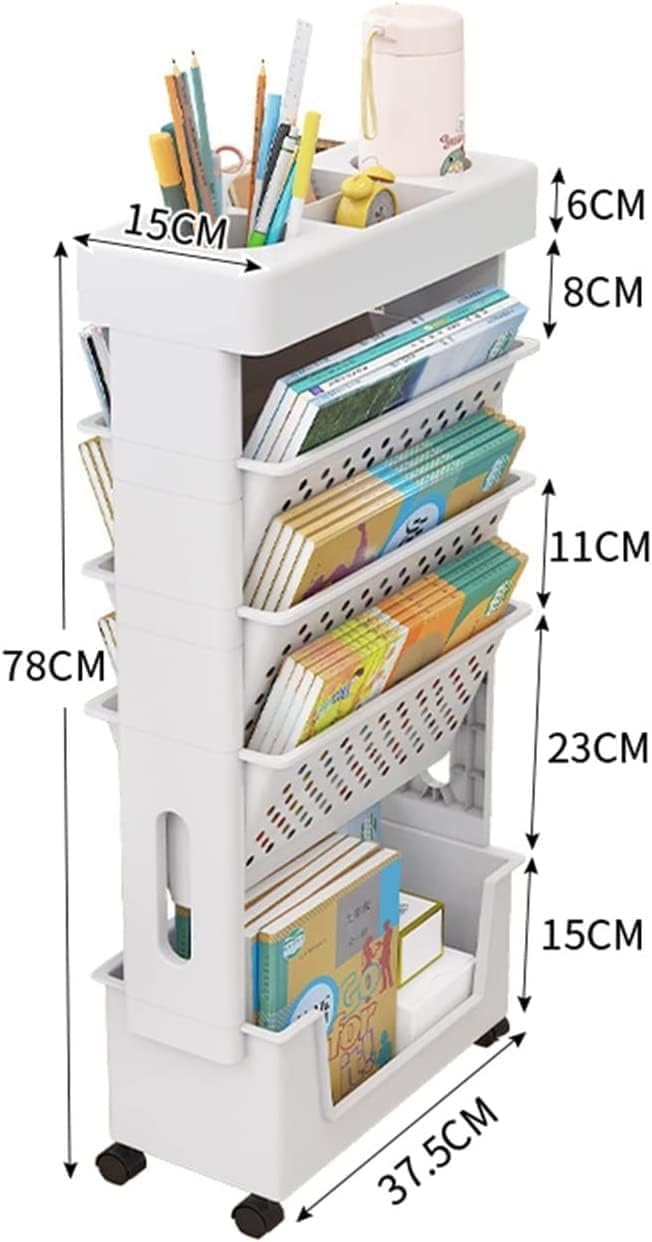 Bewegliches Klassenzimmer-Bücherregal am Schreibtisch, 5-stufiger Rollwagen mit Rädern, Schreibtisch-Organizer, Bücher- und Zeitschriftenständer, schlanker Aufbewahrungswagen for die Bibliothek zu Hau