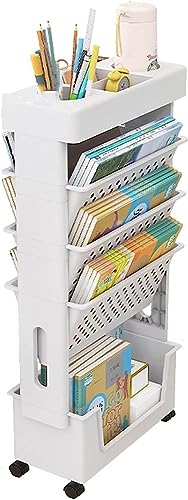 Bewegliches Klassenzimmer-Bücherregal am Schreibtisch, 5-stufiger Rollwagen mit Rädern, Schreibtisch-Organizer, Bücher- und Zeitschriftenständer, schlanker Aufbewahrungswagen for die Bibliothek zu Hau