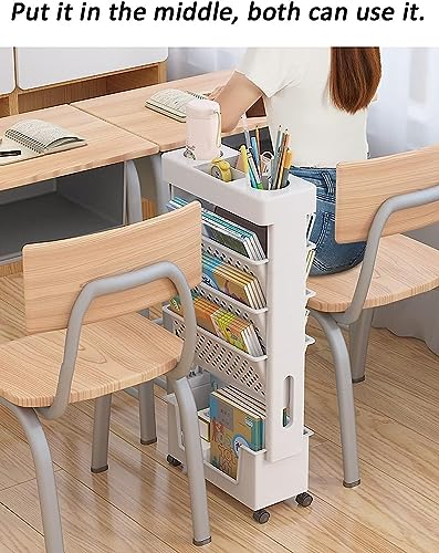 Bewegliches Klassenzimmer-Bücherregal am Schreibtisch, 5-stufiger Rollwagen mit Rädern, Schreibtisch-Organizer, Bücher- und Zeitschriftenständer, schlanker Aufbewahrungswagen for die Bibliothek zu Hau