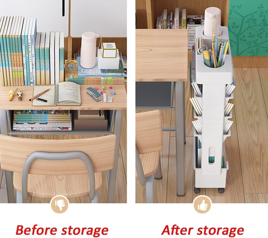 Bewegliches Klassenzimmer-Bücherregal am Schreibtisch, 5-stufiger Rollwagen mit Rädern, Schreibtisch-Organizer, Bücher- und Zeitschriftenständer, schlanker Aufbewahrungswagen for die Bibliothek zu Hau