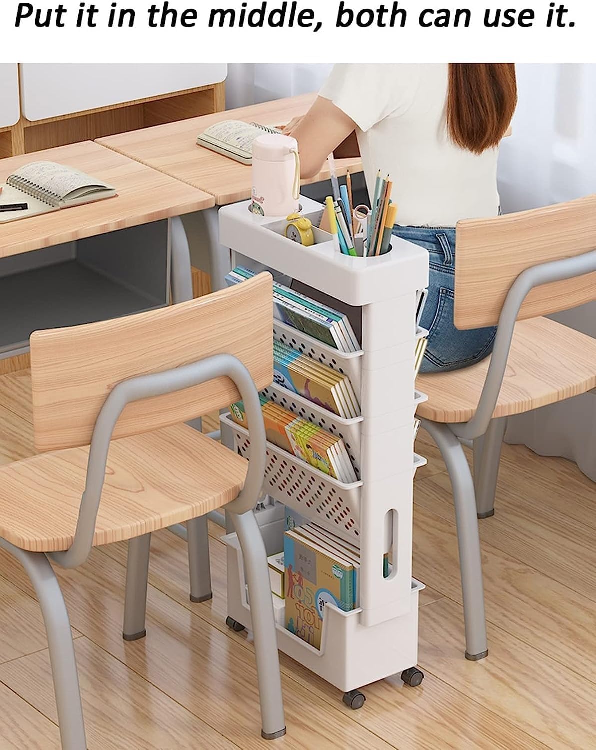 Bewegliches Klassenzimmer-Bücherregal am Schreibtisch, 5-stufiger Rollwagen mit Rädern, Schreibtisch-Organizer, Bücher- und Zeitschriftenständer, schlanker Aufbewahrungswagen for die Bibliothek zu Hau