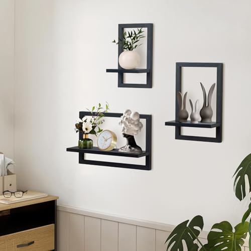 Set mit 3 Wandregalen, Schwebende Regal für die Wand Deko, Hängeregale zur Wandaufbewahrung, Quadratische Bücherregal Wand, Wandregal Holz Hängeregal für Schlafzimmer, Wohnzimmer, Schwarz