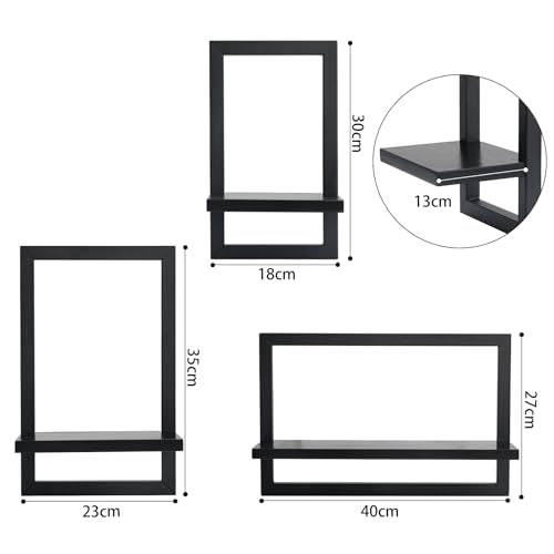 Set mit 3 Wandregalen, Schwebende Regal für die Wand Deko, Hängeregale zur Wandaufbewahrung, Quadratische Bücherregal Wand, Wandregal Holz Hängeregal für Schlafzimmer, Wohnzimmer, Schwarz