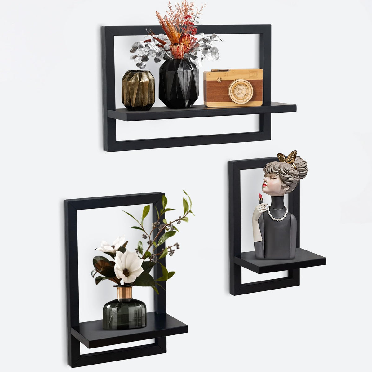Set mit 3 Wandregalen, Schwebende Regal für die Wand Deko, Hängeregale zur Wandaufbewahrung, Quadratische Bücherregal Wand, Wandregal Holz Hängeregal für Schlafzimmer, Wohnzimmer, Schwarz