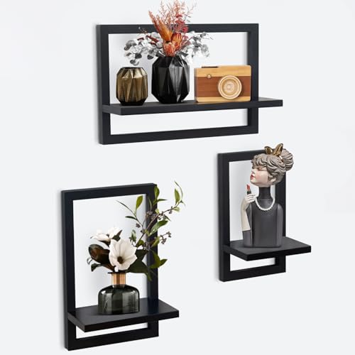 Set mit 3 Wandregalen, Schwebende Regal für die Wand Deko, Hängeregale zur Wandaufbewahrung, Quadratische Bücherregal Wand, Wandregal Holz Hängeregal für Schlafzimmer, Wohnzimmer, Schwarz