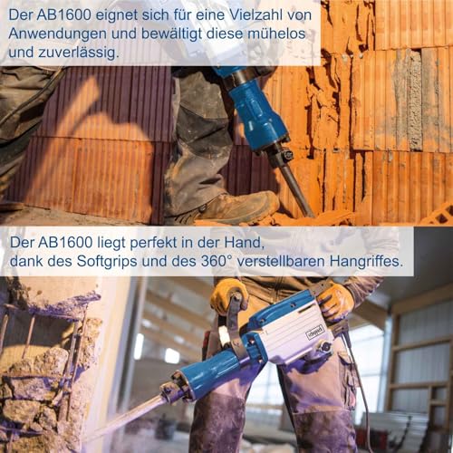 Scheppach Abbruchhammer AB1600 Betonhammer mit 1600W Leistung | 50J Schlagkraft | Langes 3m Kabel | 2000 Schläge pro Minute | Zusatzgriff 360° | inkl. Spitz- & Flachmeißel sowie Transportkoffer