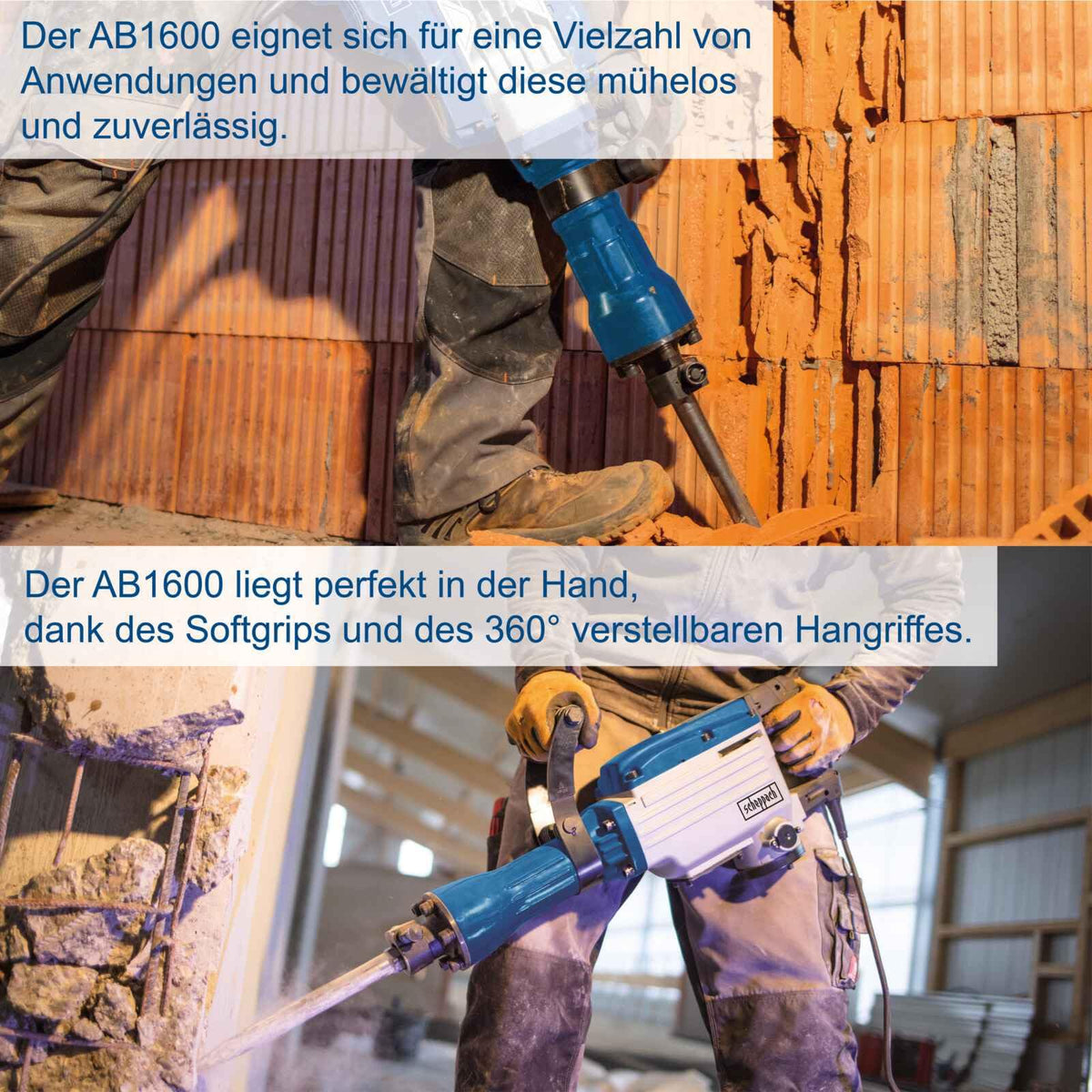 Scheppach Abbruchhammer AB1600 Betonhammer mit 1600W Leistung | 50J Schlagkraft | Langes 3m Kabel | 2000 Schläge pro Minute | Zusatzgriff 360° | inkl. Spitz- & Flachmeißel sowie Transportkoffer