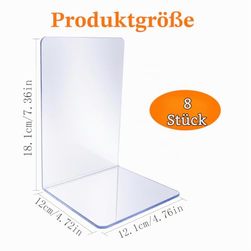 8 Stück Buchstützen aus Acryl, transparente Bücherhalter 10x10x13 cm – rutschfeste Bookends für Regal, Büro, Kinderzimmer & Homeoffice