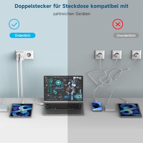 Mehrfachsteckdose mit 4 USB Ports, Mehrfachstecker für Steckdose mit 2 Fach Stecker, Steckdosenadapter mit USB C Port, Doppelstecker für USBC Steckdose, Steckdosenleiste
