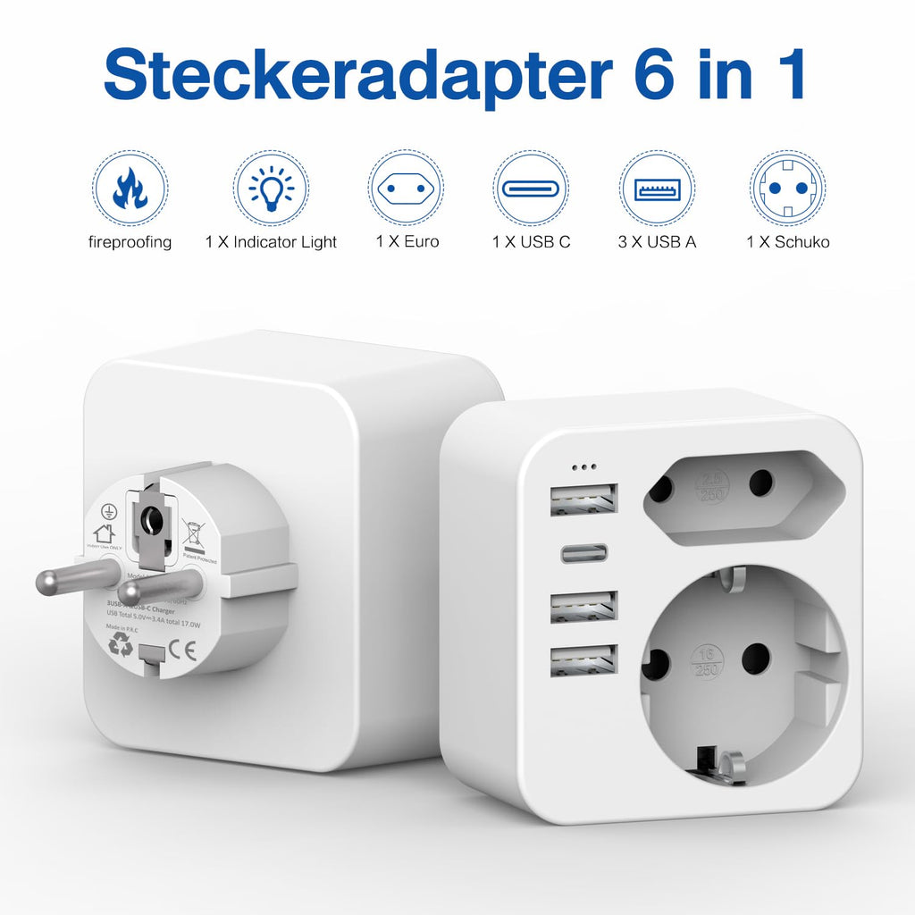 Mehrfachsteckdose mit 4 USB Ports, Mehrfachstecker für Steckdose mit 2 Fach Stecker, Steckdosenadapter mit USB C Port, Doppelstecker für USBC Steckdose, Steckdosenleiste