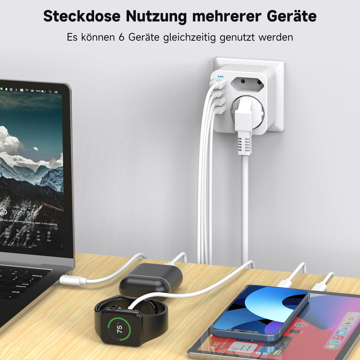 Mehrfachsteckdose mit 4 USB Ports, Mehrfachstecker für Steckdose mit 2 Fach Stecker, Steckdosenadapter mit USB C Port, Doppelstecker für USBC Steckdose, Steckdosenleiste