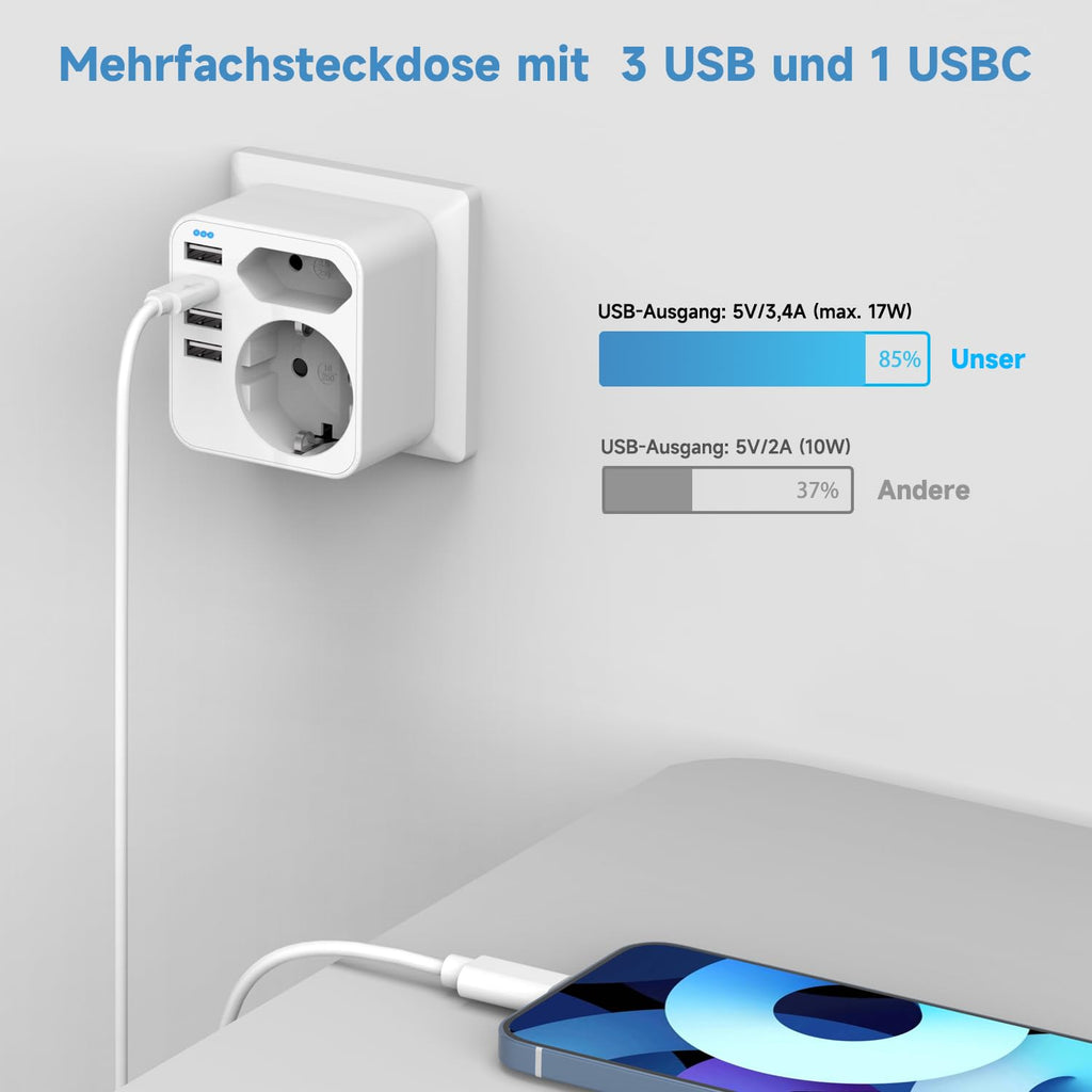Mehrfachsteckdose mit 4 USB Ports, Mehrfachstecker für Steckdose mit 2 Fach Stecker, Steckdosenadapter mit USB C Port, Doppelstecker für USBC Steckdose, Steckdosenleiste