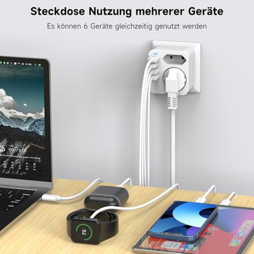 Mehrfachsteckdose mit 4 USB Ports, Mehrfachstecker für Steckdose mit 2 Fach Stecker, Steckdosenadapter mit USB C Port, Doppelstecker für USBC Steckdose, Steckdosenleiste