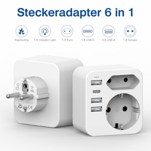 Mehrfachsteckdose mit 4 USB Ports, Mehrfachstecker für Steckdose mit 2 Fach Stecker, Steckdosenadapter mit USB C Port, Doppelstecker für USBC Steckdose, Steckdosenleiste