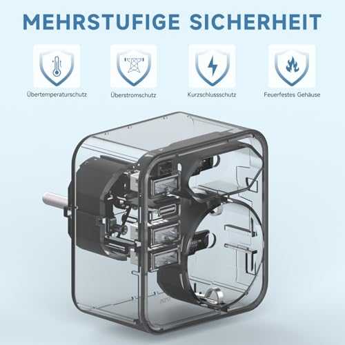 Mehrfachsteckdose mit 4 USB Ports, Mehrfachstecker für Steckdose mit 2 Fach Stecker, Steckdosenadapter mit USB C Port, Doppelstecker für USBC Steckdose, Steckdosenleiste