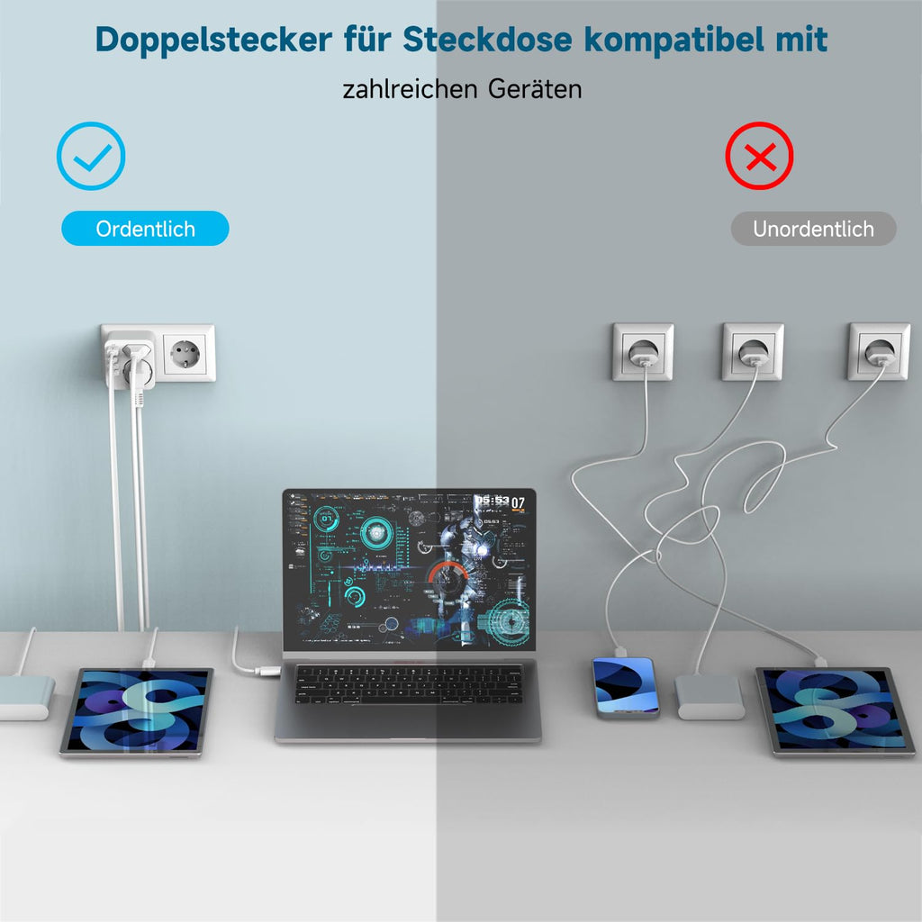Mehrfachsteckdose mit 4 USB Ports, Mehrfachstecker für Steckdose mit 2 Fach Stecker, Steckdosenadapter mit USB C Port, Doppelstecker für USBC Steckdose, Steckdosenleiste
