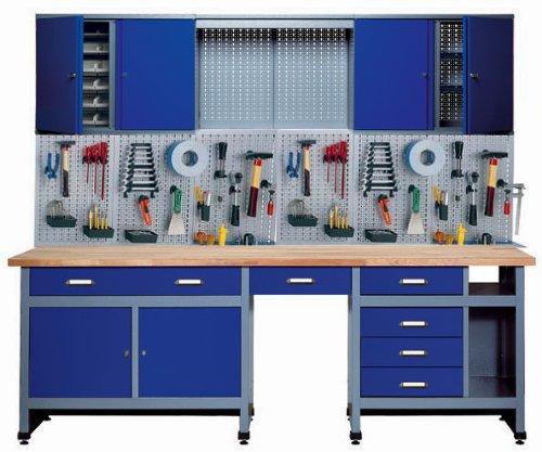 Küpper Werkbankset 70412-7, Breite 240 cm, Farbe: Ultramarinblau, Werkbank, Hängeschrank, Lochwand