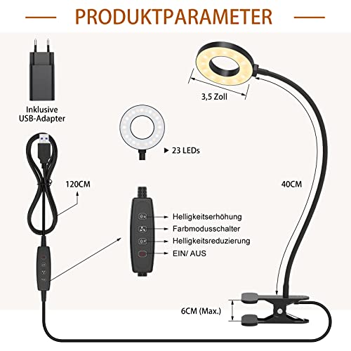 iZELL 23 LED Leselampe Bett Dimmbar -【3 Modi & 10 Helligkeitsstufen】 Augenschutz Klemmlampe mit 40cm Flexiblem Schwanenhal, Buchlampe, Schreibtischlampe mit 10W USB-Ladegerät