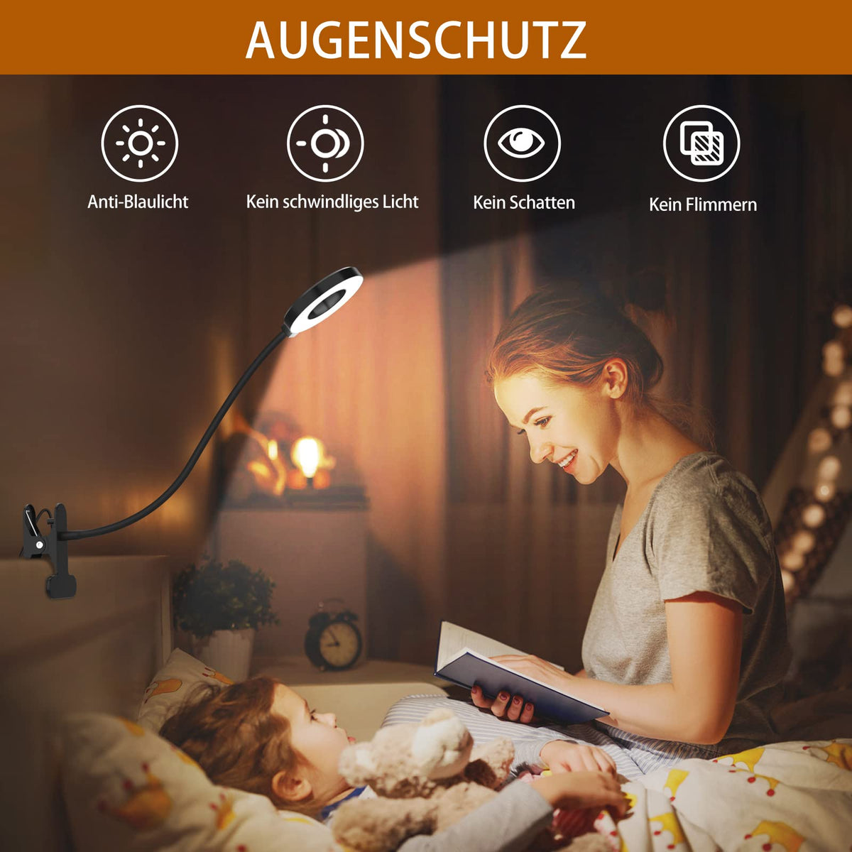 iZELL 23 LED Leselampe Bett Dimmbar -【3 Modi & 10 Helligkeitsstufen】 Augenschutz Klemmlampe mit 40cm Flexiblem Schwanenhal, Buchlampe, Schreibtischlampe mit 10W USB-Ladegerät