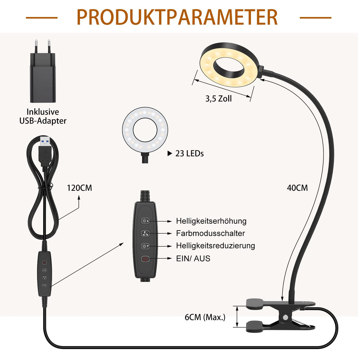 iZELL 23 LED Leselampe Bett Dimmbar -【3 Modi & 10 Helligkeitsstufen】 Augenschutz Klemmlampe mit 40cm Flexiblem Schwanenhal, Buchlampe, Schreibtischlampe mit 10W USB-Ladegerät