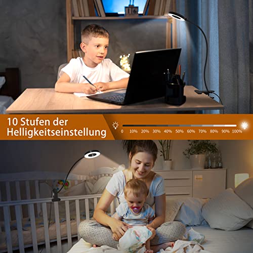 iZELL 23 LED Leselampe Bett Dimmbar -【3 Modi & 10 Helligkeitsstufen】 Augenschutz Klemmlampe mit 40cm Flexiblem Schwanenhal, Buchlampe, Schreibtischlampe mit 10W USB-Ladegerät