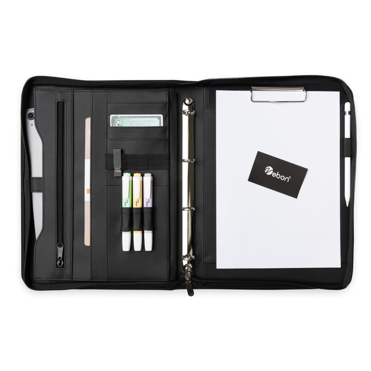 Vebon® Schreibmappe A4 Berlin mit Reißverschluss & Ringbuch, Schwarz