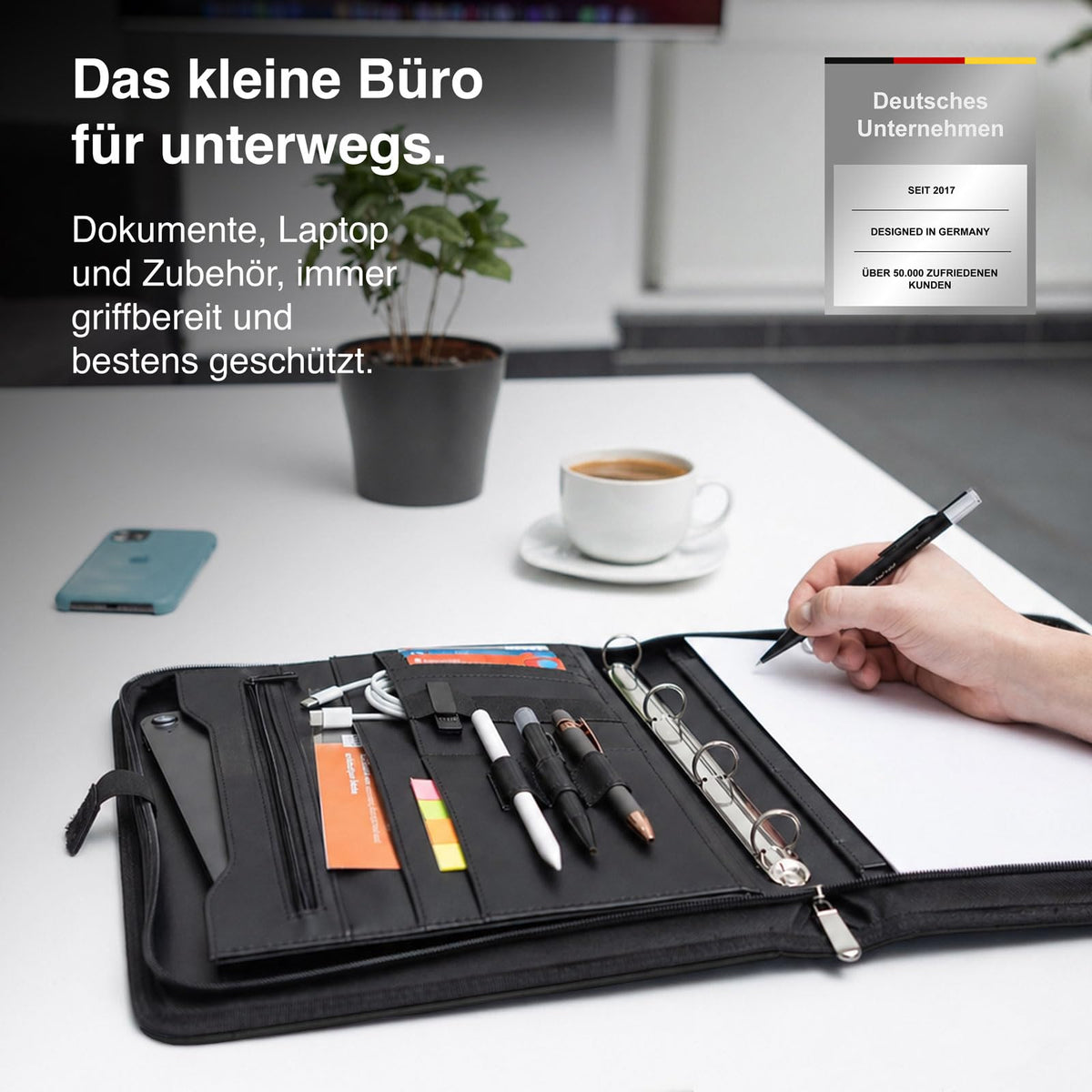 Vebon® Schreibmappe A4 Berlin mit Reißverschluss & Ringbuch, Schwarz