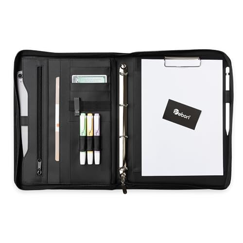 Vebon® Schreibmappe A4 Berlin mit Reißverschluss & Ringbuch, Schwarz