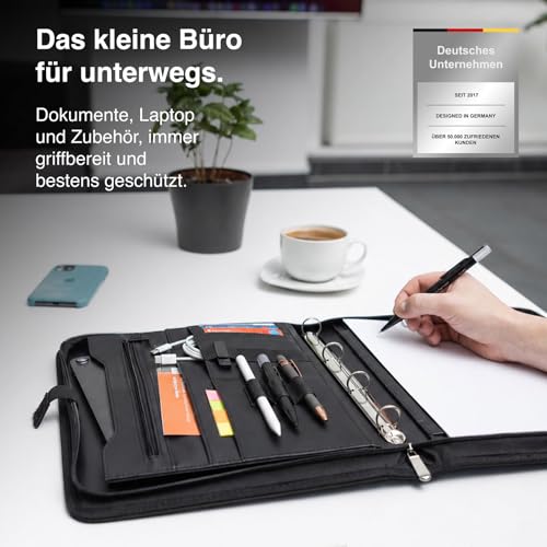 Vebon® Schreibmappe A4 Berlin mit Reißverschluss & Ringbuch, Schwarz
