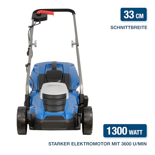 HYUNDAI Elektro-Rasenmäher LM3301E mit Mulchfunktion, Elektromäher, Mulcher, Mäher (33cm, 1300W, 35L Korb, 5-fache zentrale Höhenverstellung)