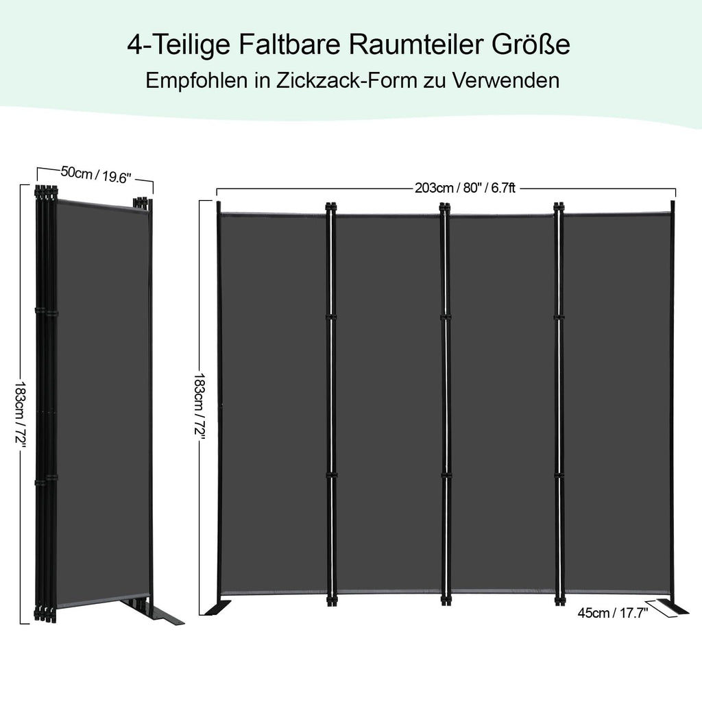 Klappbar 4-teiliger Raumteiler 203x183cm Sichtschutz Paravent Grau