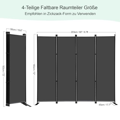 Klappbar 4-teiliger Raumteiler 203x183cm Sichtschutz Paravent Grau