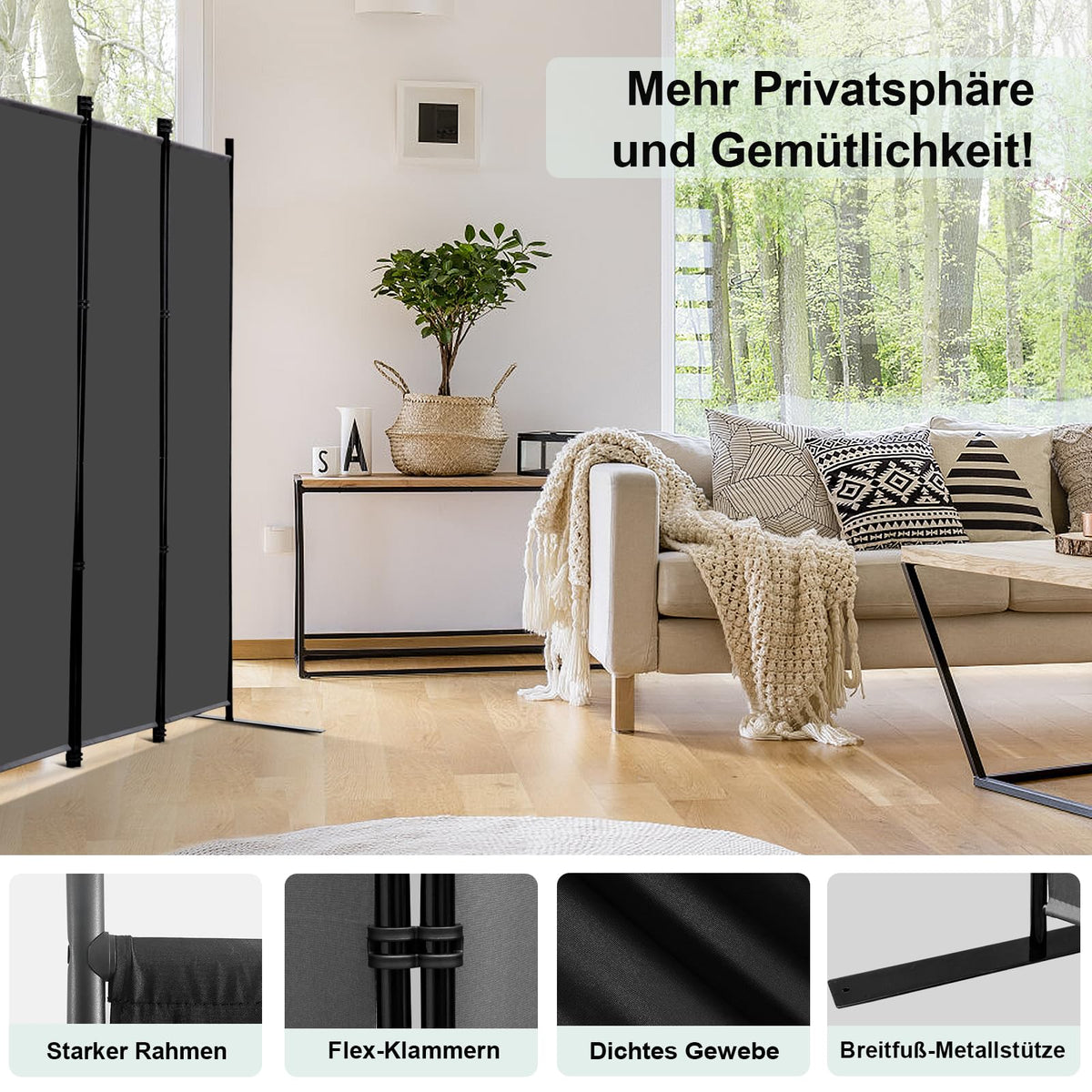 Klappbar 4-teiliger Raumteiler 203x183cm Sichtschutz Paravent Grau