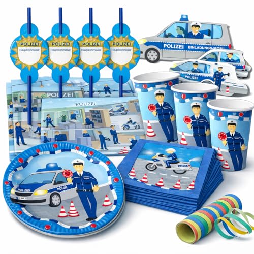81-tlg Party-Set * POLIZEI * für Kindergeburtstag mit 6-8 Kinder: Teller, Becher, Servietten, Einladungen, Platzsets, Trinkhalme, Luftschlangen | Motto Deko Kinder Geburtstag Polizist Police