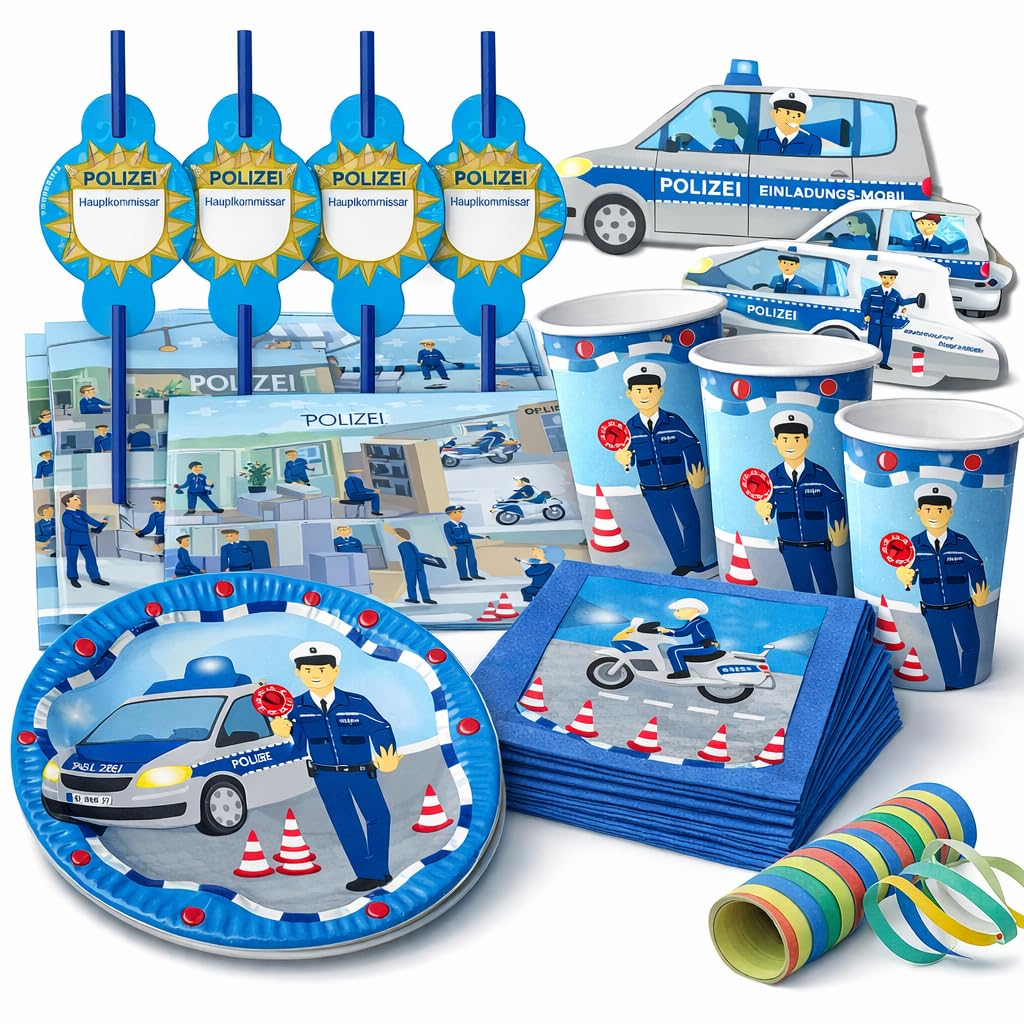 81-tlg Party-Set * POLIZEI * für Kindergeburtstag mit 6-8 Kinder: Teller, Becher, Servietten, Einladungen, Platzsets, Trinkhalme, Luftschlangen | Motto Deko Kinder Geburtstag Polizist Police
