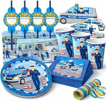 81-tlg Party-Set * POLIZEI * für Kindergeburtstag mit 6-8 Kinder: Teller, Becher, Servietten, Einladungen, Platzsets, Trinkhalme, Luftschlangen | Motto Deko Kinder Geburtstag Polizist Police